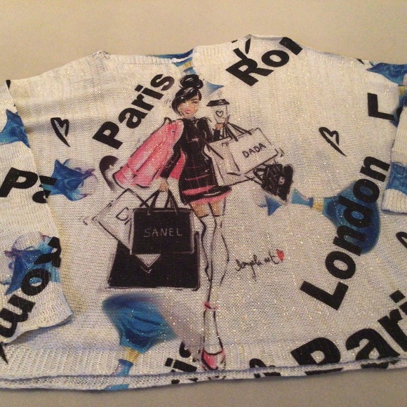 Beautiful sweater with travel logos and metallic threads. EUC. Worn once. - Picture 1 of 2